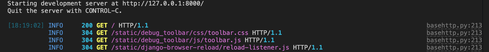 runserver logs for a project generated using djereo